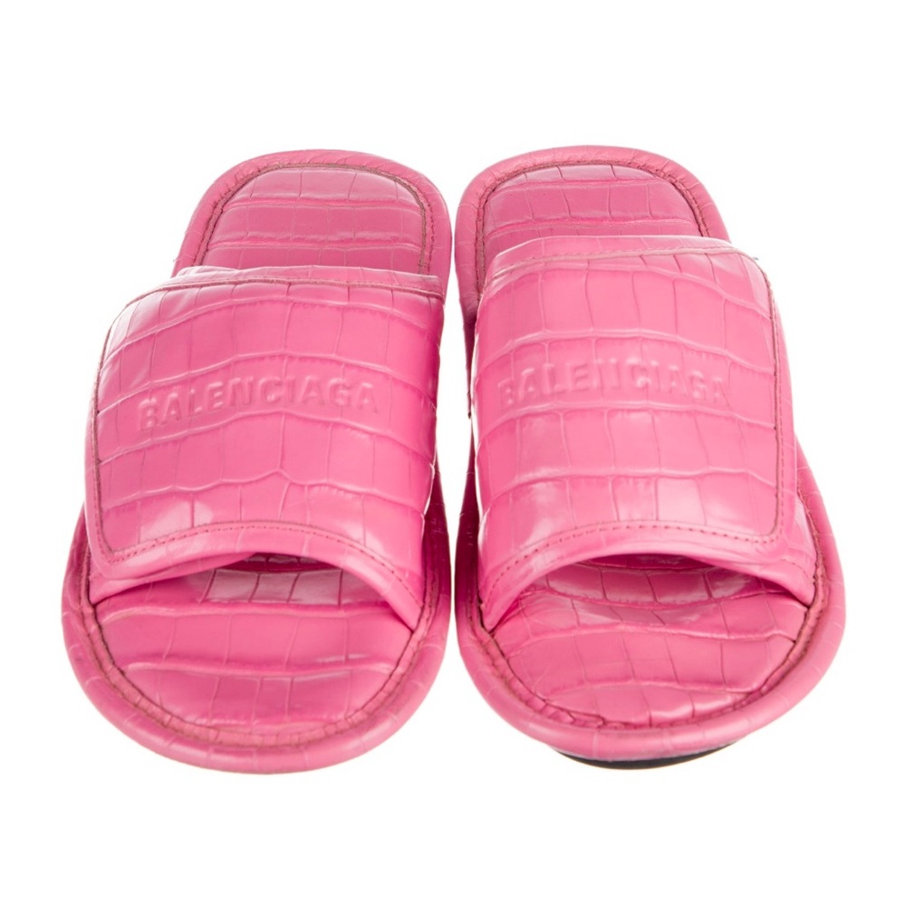 Balenciaga Croc Embossed Slide Sandals In Pink Leather